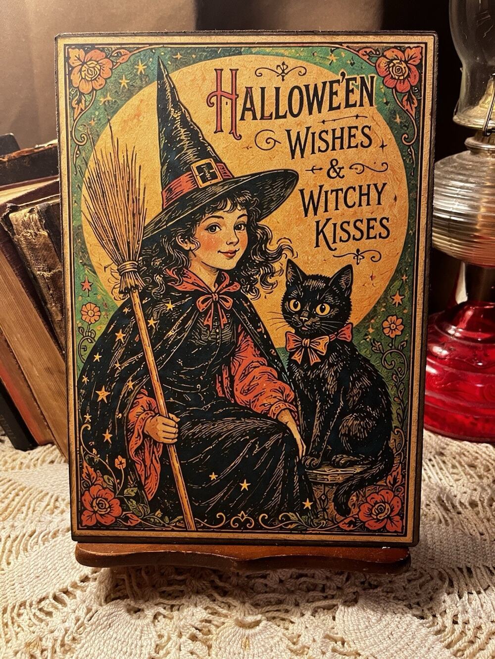 Halloween Wishes, Witchy Kisses, Witch, Retro Handcrafted Plaque